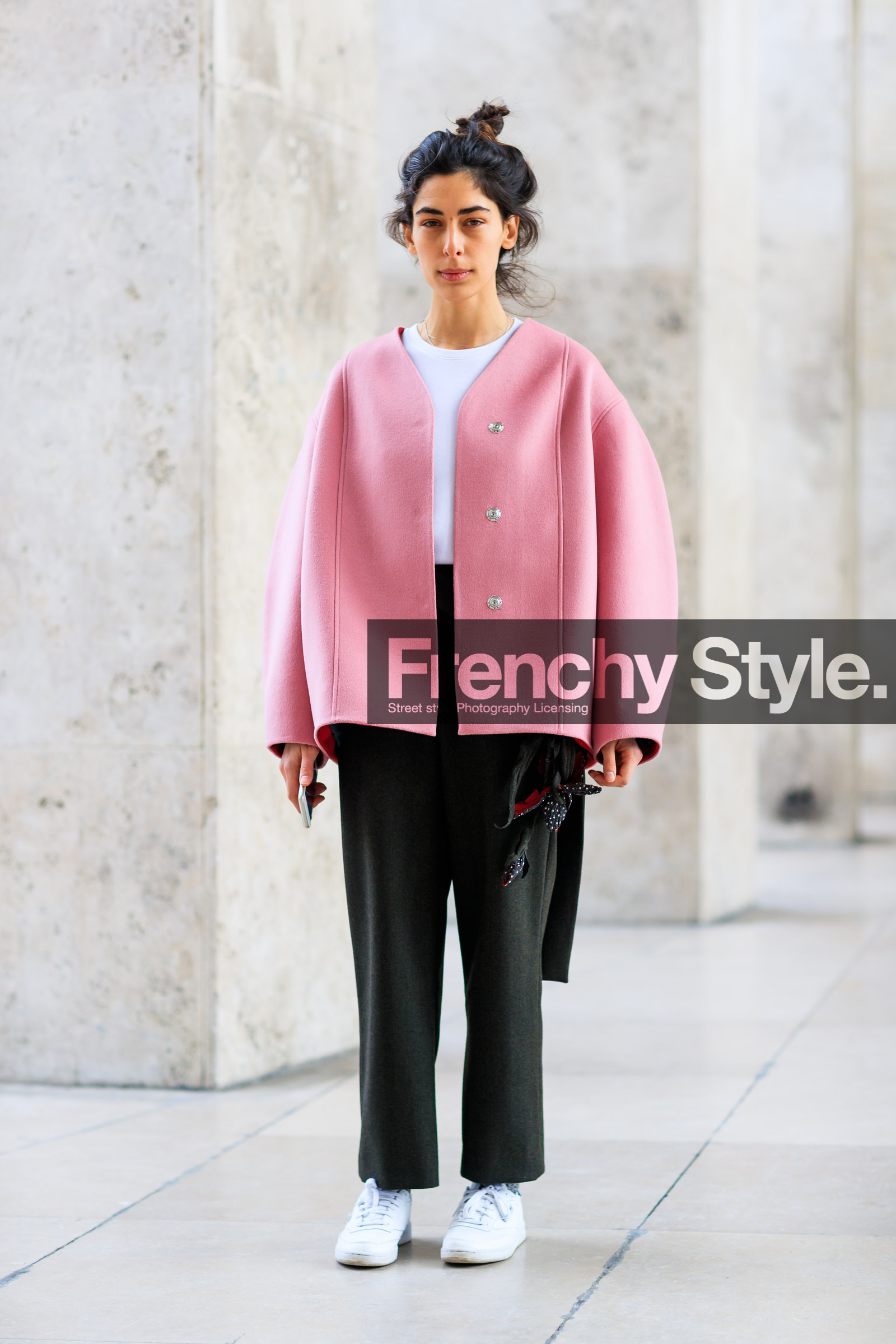AUTUMN WINTER 2017-2018, AW 17-18, black pants, FALL WINTER 2017-2018, fashion week, frenchystyle, full length, FW, FW 17-18, jonathan paciullo, leather shoes, PARIS, PFW, pink jacket, street style, trousers, vertical, white sneakers, white t shirt