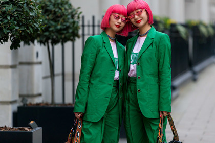 Ami and Aya Suzuki, dyed hair, green jacket, green pants, green suit, necklace, pink hair, red lips, sunglasses, trousers, white t shirt, street style, jonathan paciullo, FW, frenchystyle, fashion week, LFW, LONDON, AUTUMN WINTER 2019-2020, AW 19-20, FW 19-20, FALL WINTER 2019-2020, horizontal, atmosphere details, detail