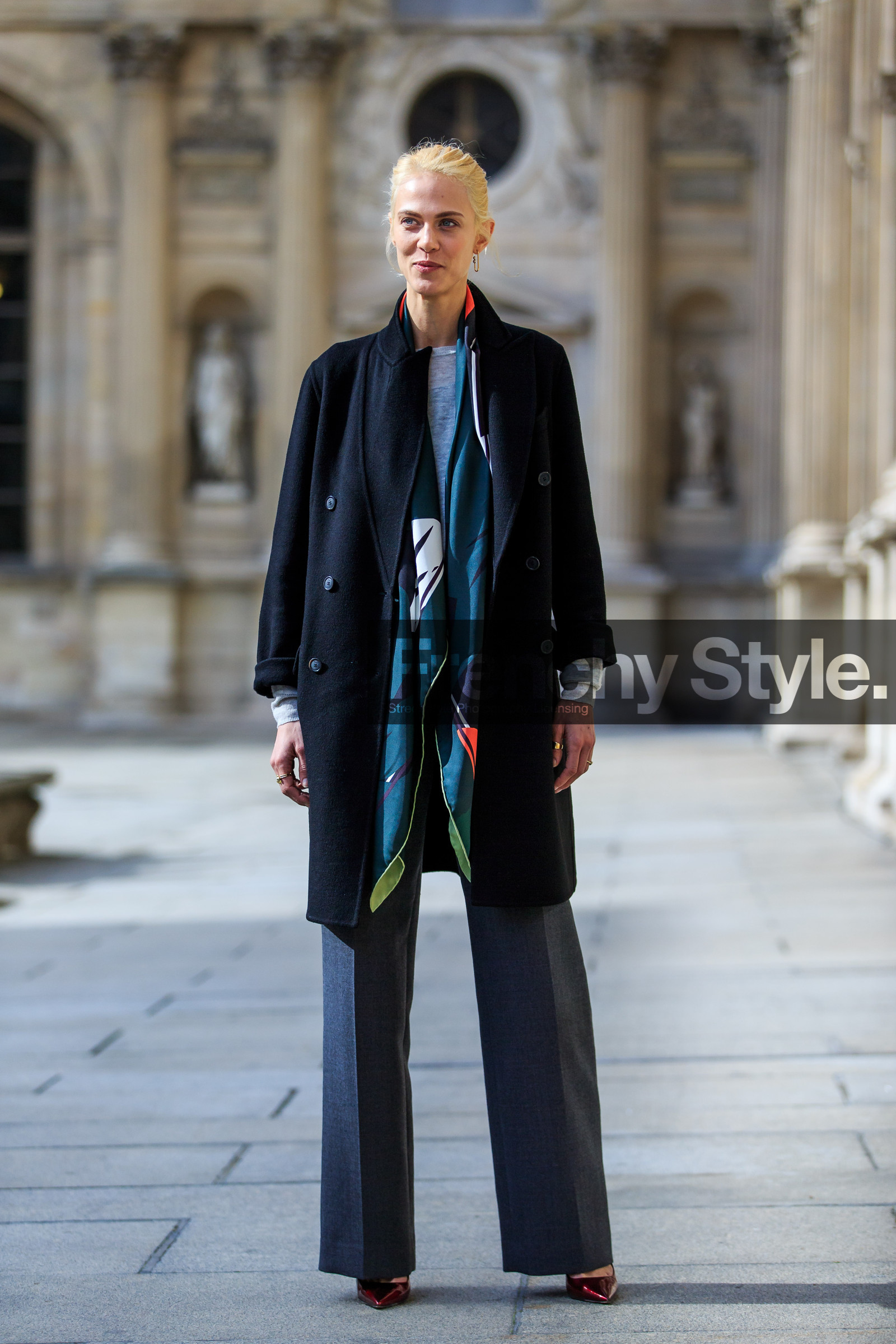 AUTUMN WINTER 2016-2017, AW 16-17, aymeline valade, black coat, FALL WINTER 2016-2017, fashion week, frenchystyle, full length, FW, FW 16-17, grey pants, high heels, jonathan paciullo, leather shoes, metallic heels, PARIS, PFW, printed scarf, red shoes, shiny heels, street style, trousers, vertical