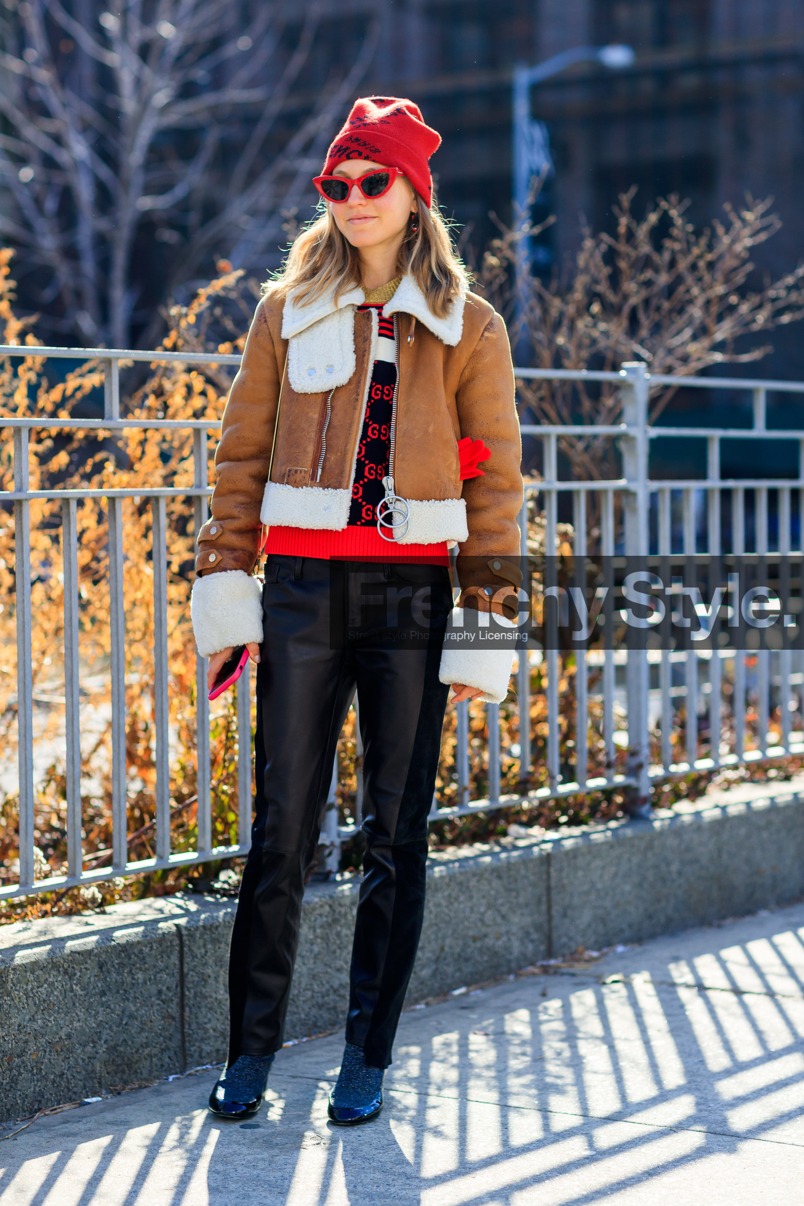 balenciaga, black pants, black shoes, brown jacket, fur collar, leather jacket, leather pants, leather shoes, off white, printed sweater, red beanie, red sweater, shearling, sunglasses, trousers, fashion week, frenchystyle, FW, jonathan paciullo, street style, NYFW, NEW YORK, AUTUMN WINTER 2018-2019, AW 18-19, FALL WINTER 2018-2019, FW 18-19, vertical, full length, jessica minkoff