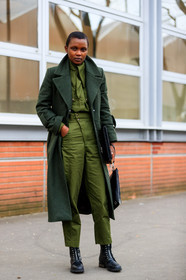 black bag, black shoes, green coat, green pants, green shirt, leather bag, leather shoes, trousers, fashion week, frenchystyle, FW, jonathan paciullo, street style, PFW, PARIS, AUTUMN WINTER 2018-2019, FALL WINTER 2018-2019, FW 18-19, vertical, full length, model