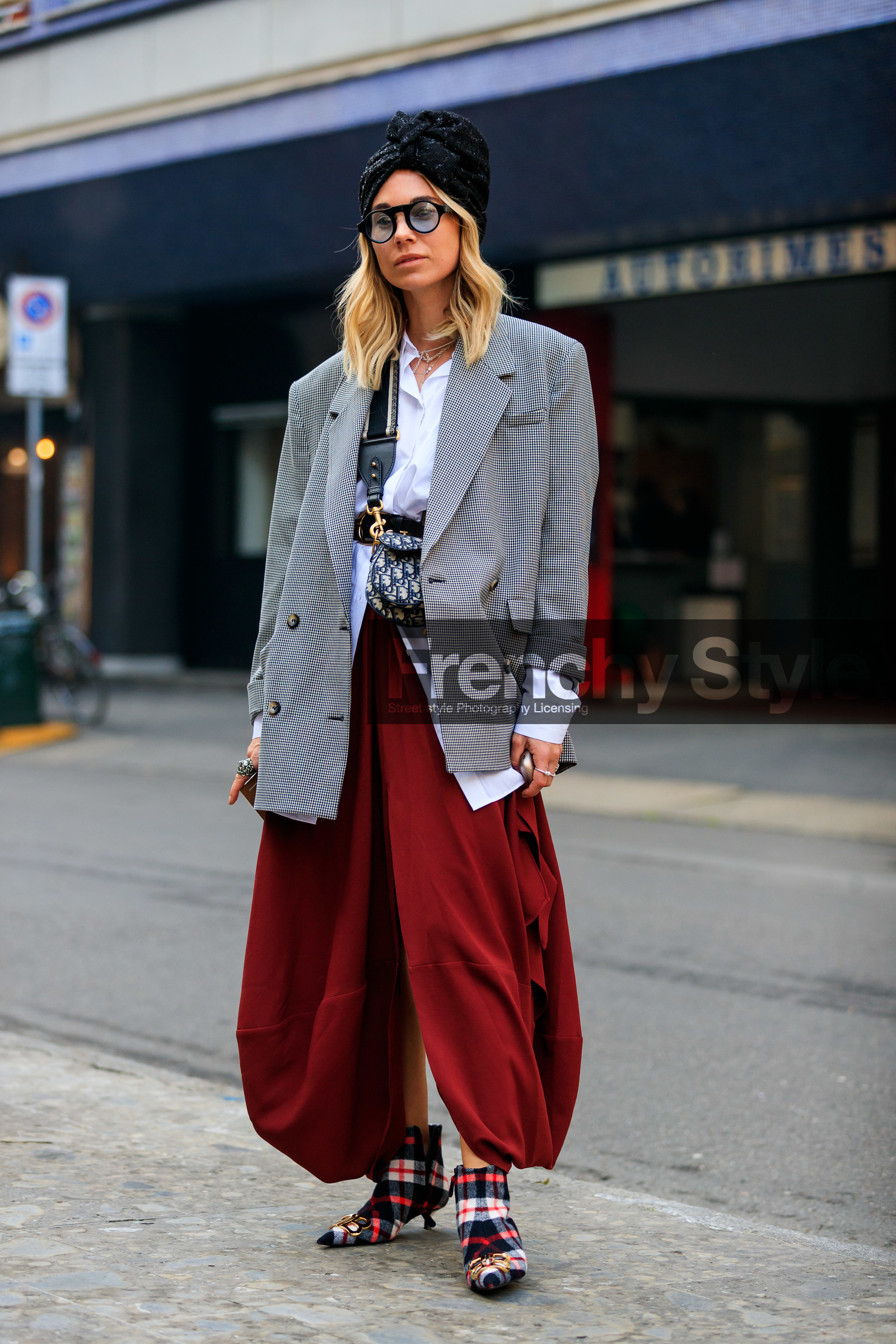 balenciaga, black belt, black hat, blazer, blue bag, christian dior, graphic bag, grey jacket, headscarf, houndstooth pattern, leather bag, leather shoes, printed bag, printed jacket, red boots, red skirt, saddle bag, sunglasses, tartan, white shirt, street style, jonathan paciullo, FW, frenchystyle, fashion week, MFW, MILAN, AUTUMN WINTER 2019-2020, AW 19-20, FALL WINTER 2019-2020, FW 19-20, vertical, full length