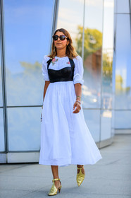 black bra, fashion week, frenchystyle, full length, FW, golden shoes, high heels, jonathan paciullo, leather shoes, leather top, NEW YORK, NYFW, shiny shoes, SPRING SUMMER 2018, SS 18, street style, sunglasses, vertical, white dress
