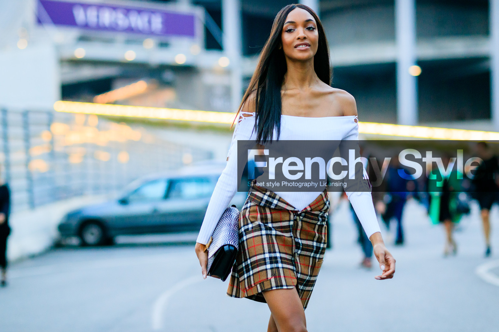 atmosphere details, black bag, brown skirt, check skirt, detail, fashion week, frenchystyle, FW, graphic skirt, horizontal, jonathan paciullo, jourdan dunn, leather bag, leather shoes, MFW, MILAN, model, off the shoulder, plaid, SPRING SUMMER 2017, SS 17, street style, tartan, white top