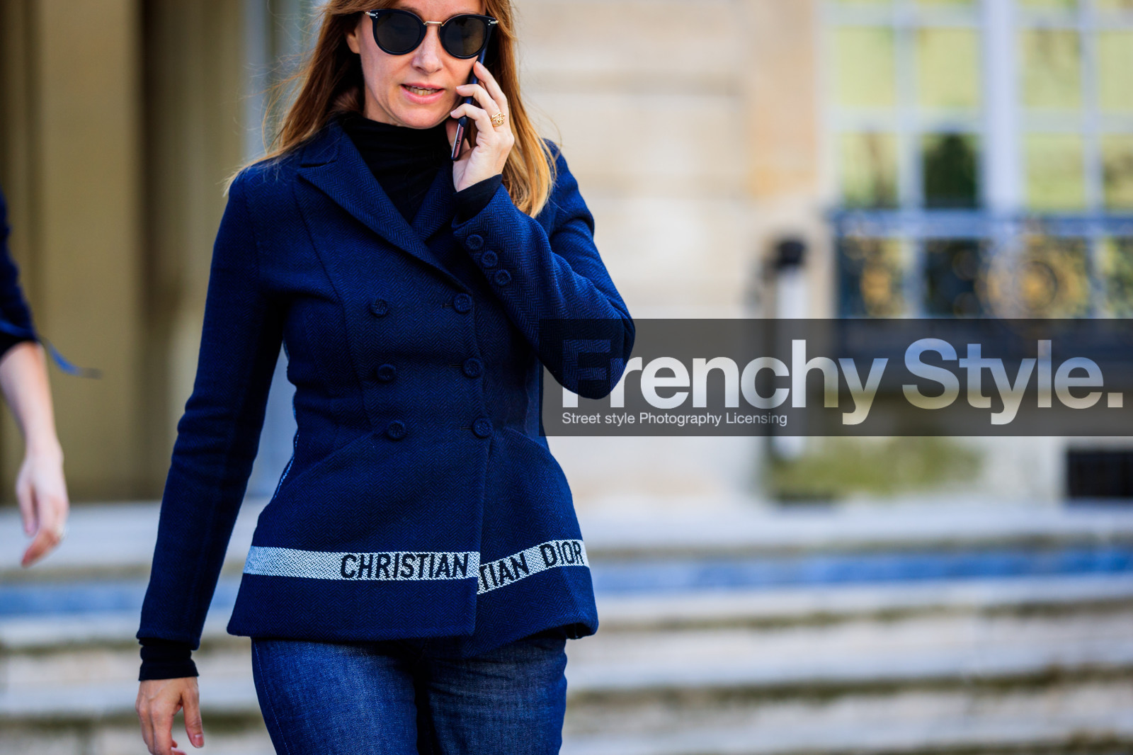 atmosphere details, blazer, blue denim, blue jacket, christian dior, denim pants, detail, erin doherty, fashion week, frenchystyle, FW, horizontal, jeans, jonathan paciullo, PARIS, PFW, printed jacket, SPRING SUMMER 2018, SS 18, street style, sunglasses, trousers