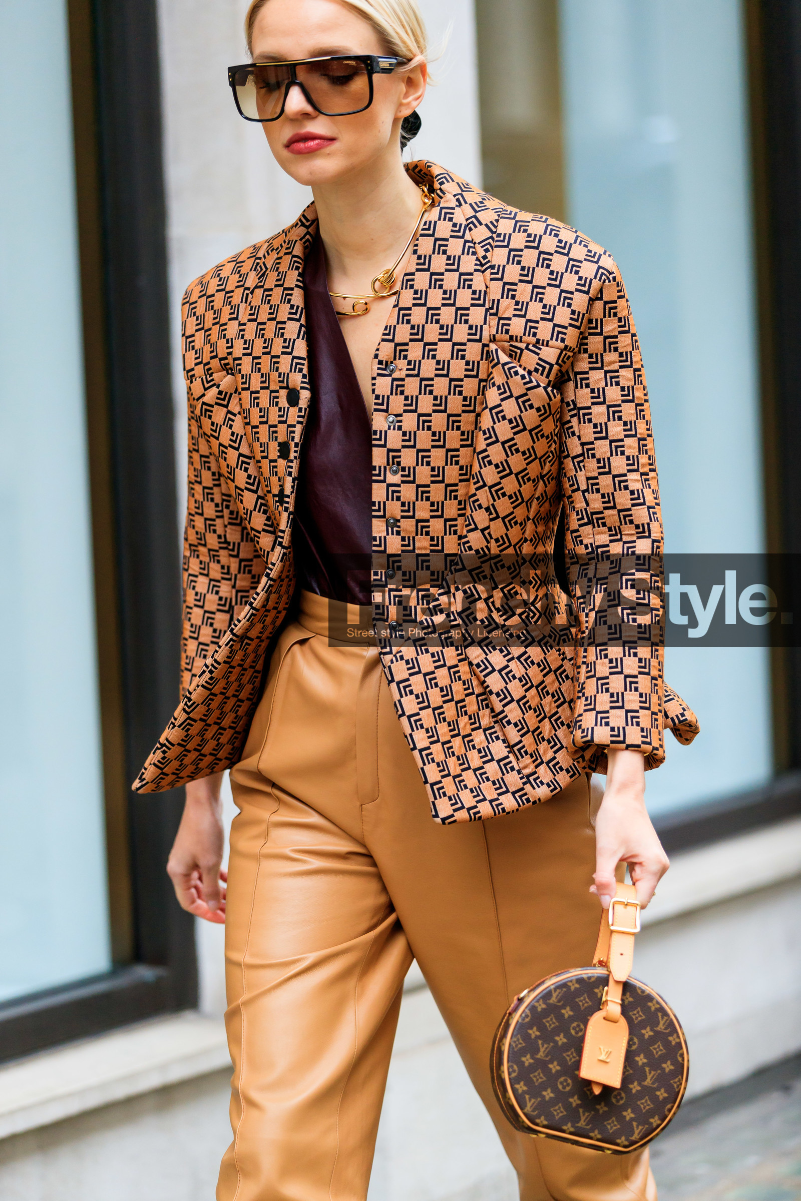 beige jacket, brown bag, camel pants, checked, graphic bag, graphic jacket, leather bag, leather jacket, leather pants, leonie hanne, louis vuitton, monogram, necklace, plaid, printed bag, printed jacket, sunglasses, trousers, street style, jonathan paciullo, FW, frenchystyle, fashion week, LFW, LONDON, AUTUMN WINTER 2019-2020, AW 19-20, FW 19-20, FALL WINTER 2019-2020, vertical, atmosphere details, detail