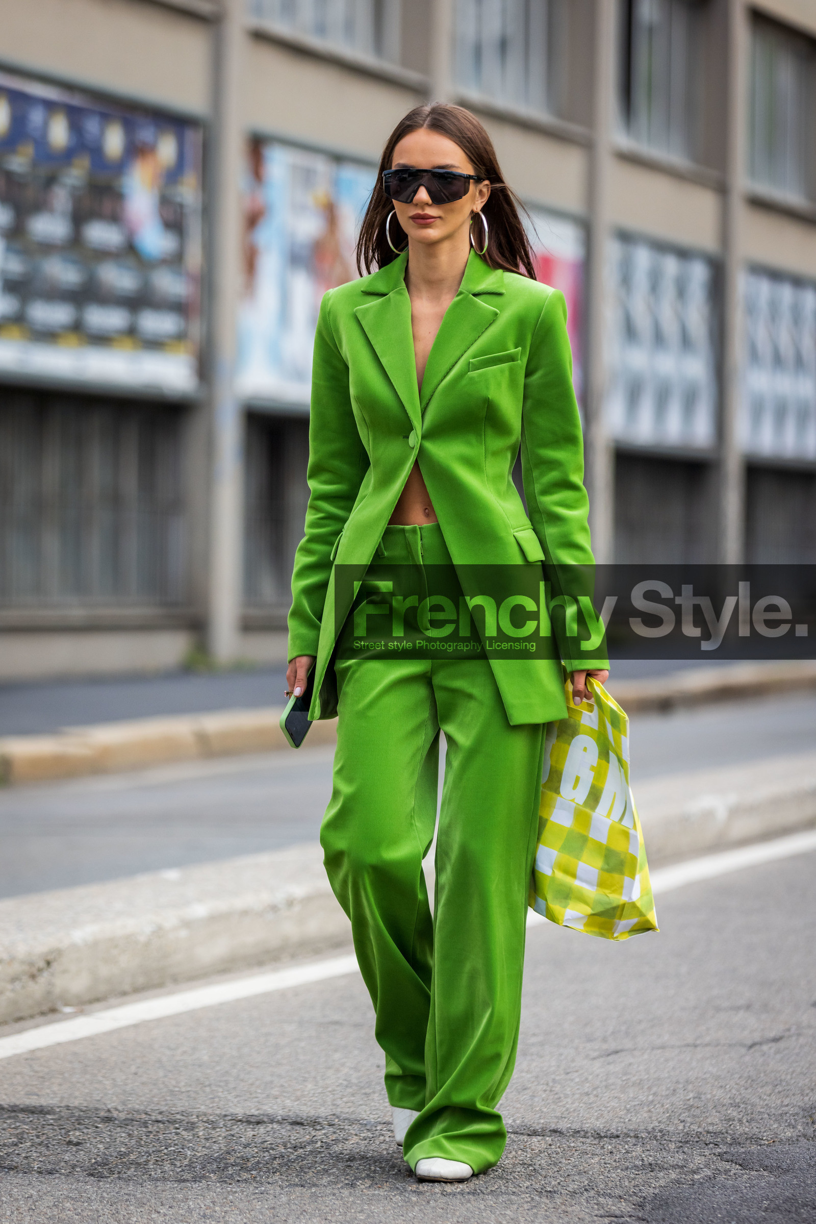 bicolor bag, color, corduroy blazer, corduroy pants, fluid pants, fluo color, green blazer, green monochrome, green pants, green suit, large pants, leather bag, mask sunglasses, monochrome, msgm bag, printed bag, silver hoops, sunglasses, white shoes, yellow bag, yellow pouch, fashion week, frenchystyle, FW, jonathan paciullo, street style, SPRING SUMMER 2022, SS 22, MFW, MILAN, vertical, full length