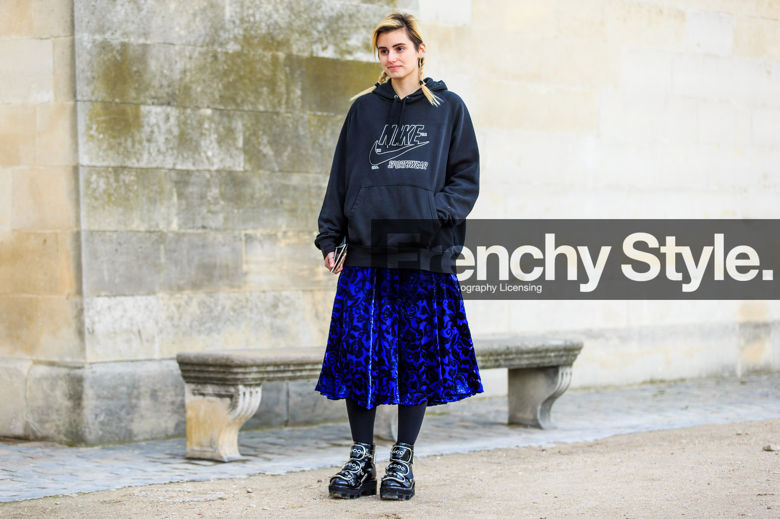 alexander wang, atmosphere details, AUTUMN WINTER 2016-2017, AW 16-17, black boots, black sweater, blue skirt, embroidered skirt, FALL WINTER 2016-2017, fashion week, frenchystyle, full length, FW, FW 16-17, hoodie, horizontal, jonathan paciullo, leather boots, nike, PARIS, PFW, street style
