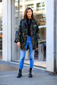 AUTUMN WINTER 2017-2018, AW 17-18, black shoes, black sweater, blue denim, camo jacket, camouflage, FALL WINTER 2017-2018, fashion week, frenchystyle, full length, FW, FW 17-18, graphic jacket, green jacket, jeans, jonathan paciullo, leather shoes, MFW, MILAN, military jacket, model, printed jacket, street style, trousers, vertical