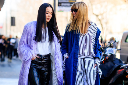 atmosphere details, AUTUMN WINTER 2017-2018, AW 17-18, black pants, blue denim, christina paik, denim coat, detail, FALL WINTER 2017-2018, fashion week, frenchystyle, Fur coat, FW, FW 17-18, geometric, graphic pants, graphic shirt, horizontal, jonathan paciullo, leather pants, lisa aiken, MFW, MILAN, oversize, pajamas, printed pants, printed shirt, purple coat, purple fur, street style, striped pants, striped shirt, stripes, sunglasses, trousers, white pants, white shirt, white t shirt, yoyo cao