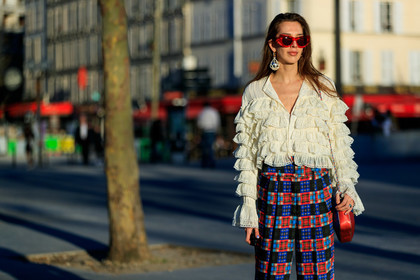blue pants, checked, earrings, estelle pigault, graphic pants, leather bag, plaid, printed pants, red bag, red pants, ruffles, sunglasses, trousers, white blouse, PARIS, PFW, street style, jonathan paciullo, FW, frenchystyle, fashion week, AUTUMN WINTER 2019-2020, AW 19-20, FALL WINTER 2019-2020, FW 19-20, horizontal, atmosphere details, detail