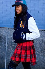 american, black cap, checked, fanny pack, graphic skirt, miu miu, plaid, pleated skirt, printed skirt, red bag, red skirt, tartan, teddy jacket, street style, jonathan paciullo, FW, frenchystyle, fashion week, NYFW, NEW YORK, AUTUMN WINTER 2018-2019, AW 18-19, FALL WINTER 2018-2019, FW 18-19, vertical, atmosphere details, detail, jan-michael quammie