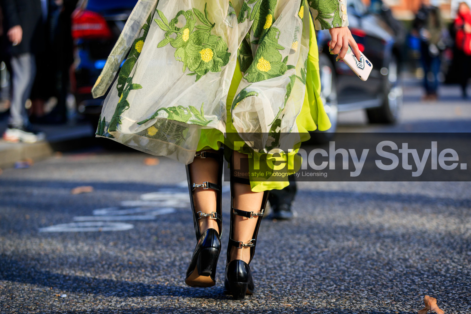 black shoes, floral, flowers, green dress, high boots, high heels, leather shoes, susie lau, white jacket, LONDON, LFW, fashion week, frenchystyle, FW, jonathan paciullo, street style, AUTUMN WINTER 2019-2020, AW 19-20, FW 19-20, FALL WINTER 2019-2020, horizontal, atmosphere details, detail