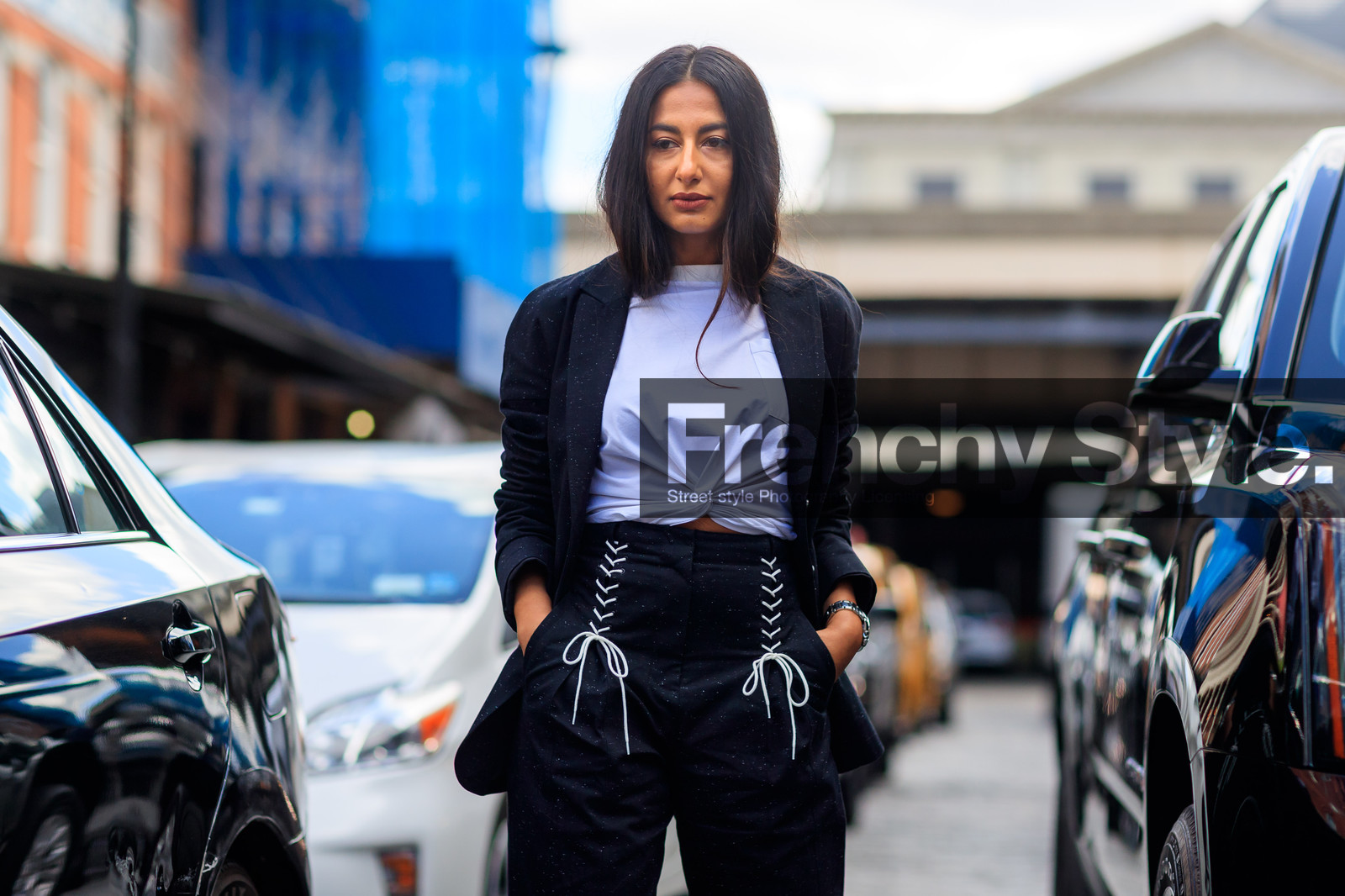 atmosphere details, black jacket, black pants, blazer, detail, fashion week, frenchystyle, FW, high waist, horizontal, jonathan paciullo, nausheen shah, NEW YORK, NYFW, SPRING SUMMER 2018, SS 18, street style, trousers, white t shirt