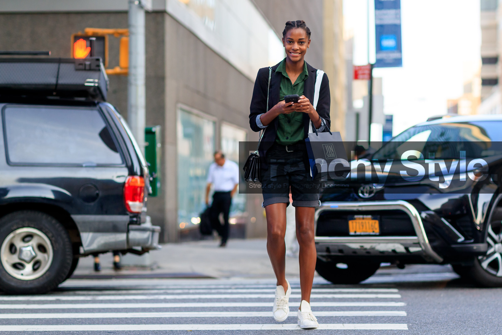 atmosphere details, black bag, black jacket, black shorts, blazer, fashion week, frenchystyle, full length, FW, green shirt, horizontal, jonathan paciullo, karly loyce, leather bag, model, NEW YORK, NYFW, SPRING SUMMER 2018, SS 18, street style