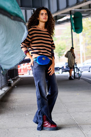 beige sweater, black denim, blue bag, chiara scelsi, denim pants, fanny pack, fashion week, frenchystyle, full length, FW, graphic sweater, gucci, jeans, jonathan paciullo, leather bag, leather shoes, NEW YORK, NYFW, red boots, SPRING SUMMER 2018, SS 18, street style, striped sweater, trousers, velvet, vertical