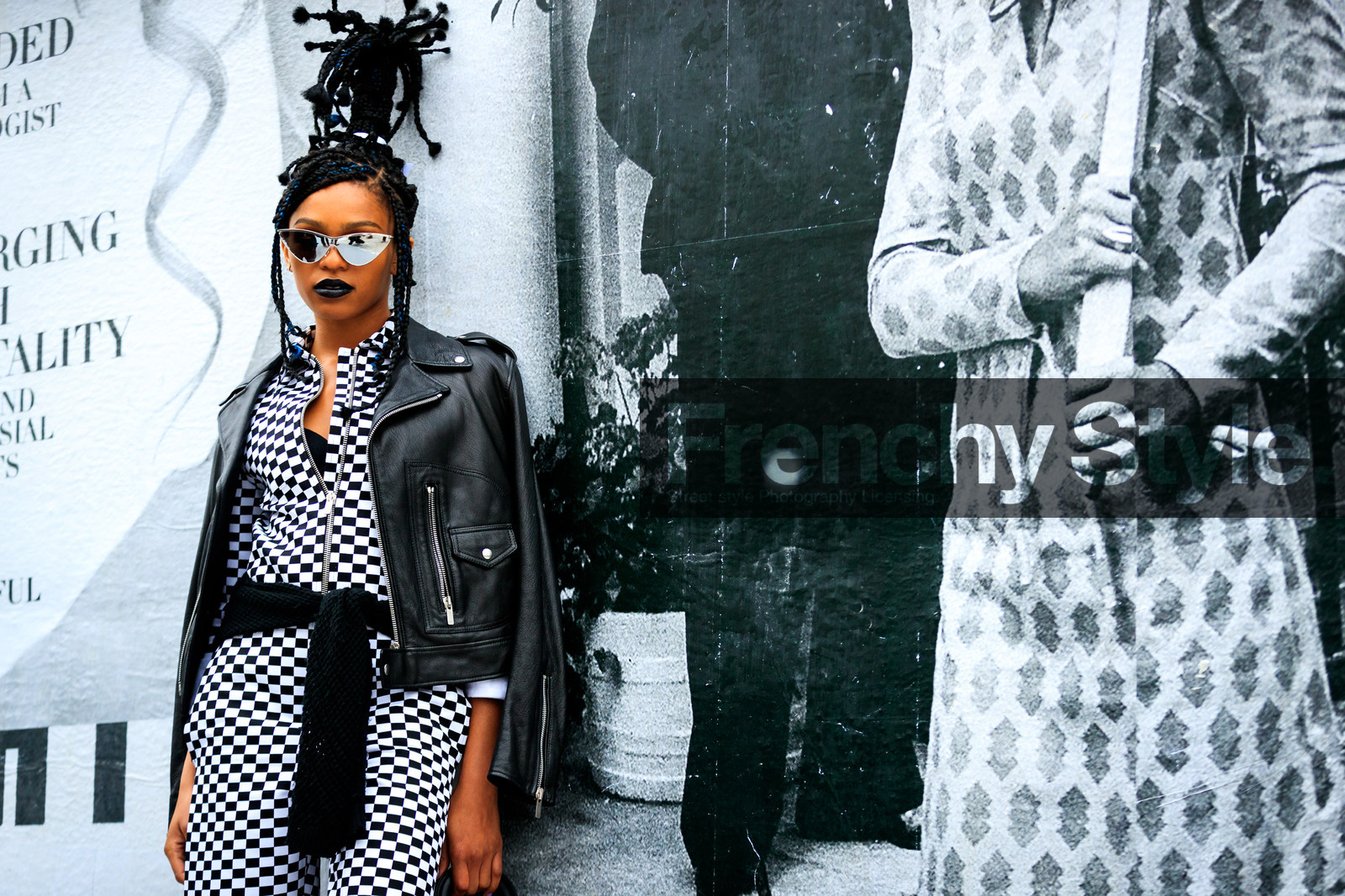 black jacket, black lips, black perfecto, braids, check jumpsuit, checked, christian dior, gingham, graphic jumpsuit, graphic pants, leather jacket, leather perfecto, plaid, printed jumpsuit, printed pants, sunglasses, tied up sweater, trousers, fashion week, frenchystyle, FW, jonathan paciullo, street style, PFW, PARIS, AUTUMN WINTER 2018-2019, FALL WINTER 2018-2019, FW 18-19, horizontal, atmosphere details, selah marley