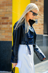 atmosphere details, black jacket, black perfecto, detail, fashion week, frenchystyle, FW, jonathan paciullo, kate davidson hudson, leather jacket, leather perfecto, NEW YORK, NYFW, SPRING SUMMER 2018, SS 18, street style, sunglasses, vertical, white skirt