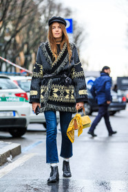 AUTUMN WINTER 2016-2017, AW 16-17, beret, black boots, black hat, black jacket, blue denim, carlotta oddi, denim pants, FALL WINTER 2016-2017, fashion week, frenchystyle, full length, FW, FW 16-17, glitter, golden bag, graphic jacket, jeans, jonathan paciullo, leather bag, leather boots, LFW, LONDON, MENSWEAR, necklace, patrizia pepe, peruvian, printed jacket, shiny bag, street style, trousers, vertical, yellow bandana