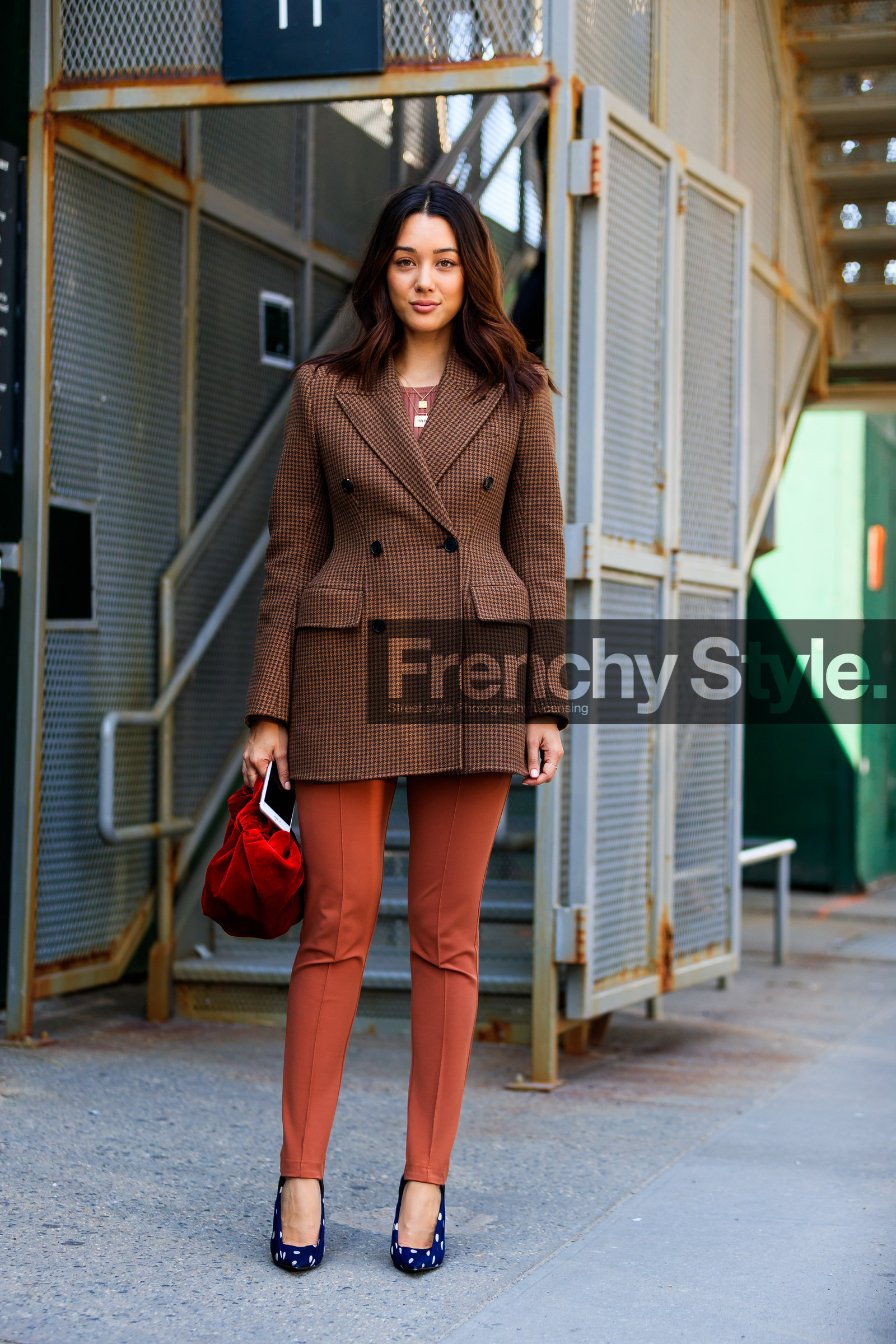 balenciaga, beige pants, blazer, brown jacket, fashion week, frenchystyle, full length, FW, graphic jacket, high heels, houndstooth pattern, jonathan paciullo, kim jones, leather bag, leather shoes, NEW YORK, NYFW, polka dot, printed jacket, printed shoes, red bag, SPRING SUMMER 2018, SS 18, street style, trousers, velvet, vertical