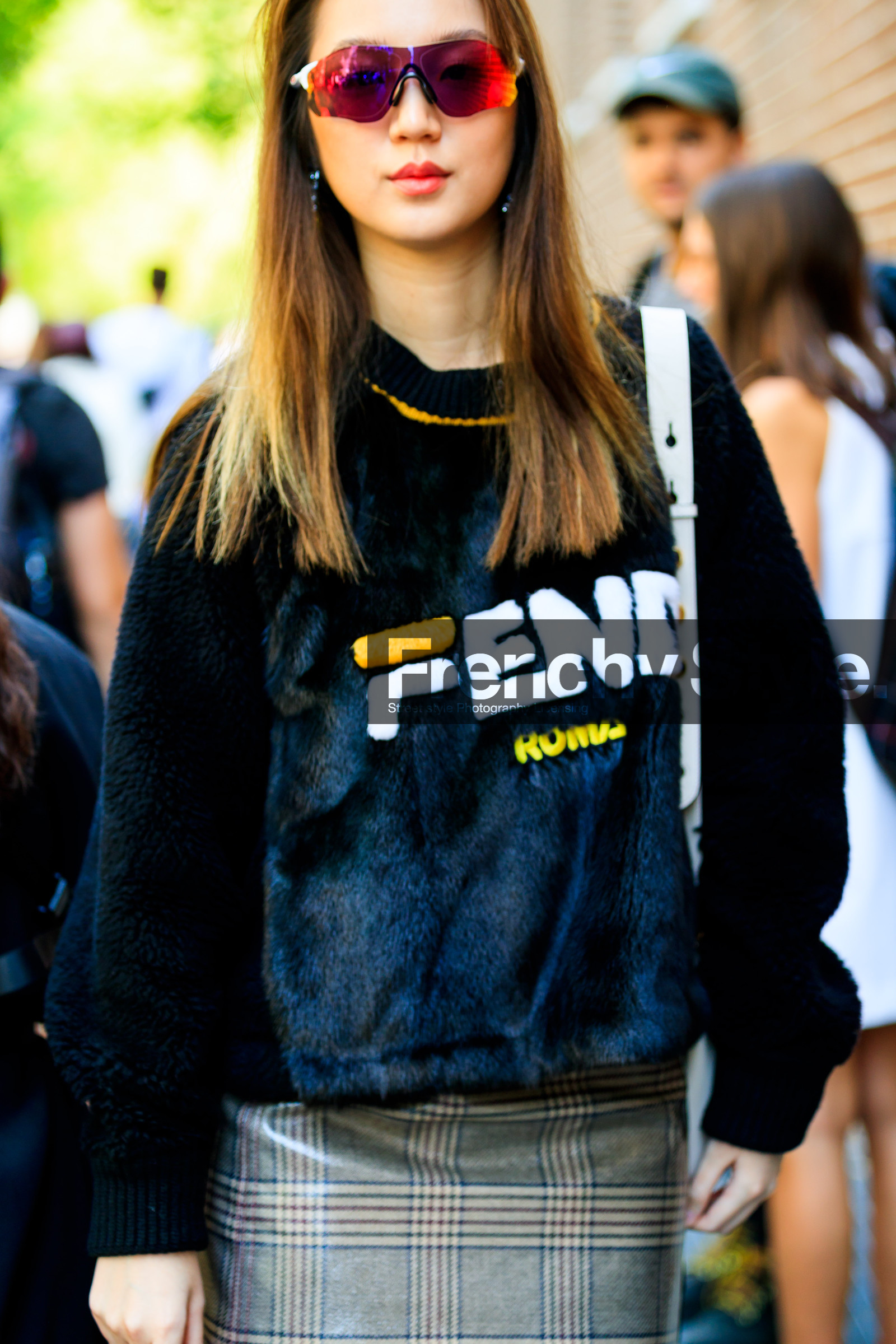 black sweater, checked, fendi, graphic skirt, grey skirt, plaid, printed skirt, printed sweater, sunglasses, street style, jonathan paciullo, FW, frenchystyle, fashion week, MFW, MILAN, SPRING SUMMER 2019, SS 19, vertical, atmosphere details, detail
