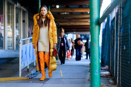 bordeaux, burgundy, earrings, embroidered bag, high boots, knit dress, leather bag, leather shoes, red bag, white dress, yellow boots, yellow coat, street style, jonathan paciullo, FW, frenchystyle, fashion week, NYFW, NEW YORK, AUTUMN WINTER 2018-2019, AW 18-19, FALL WINTER 2018-2019, FW 18-19, atmosphere details, horizontal, full length, model, alla kostromichova