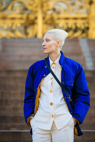 white hair, blue jacket, model, white shirt, buttoned shirt, white trousers, hair style, schiaparelli, fashion week, frenchystyle, FW, jonathan paciullo, street style, PARIS, PFW, SPRING SUMMER 2022, SS 22, atmosphere details, detail, vertical