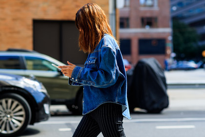 atmosphere details, black pants, blue denim, Christine Centenera, denim shirt, detail, fashion week, frenchystyle, FW, graphic pants, horizontal, jonathan paciullo, NEW YORK, NYFW, printed pants, SPRING SUMMER 2018, SS 18, street style, striped pants, sunglasses, trousers