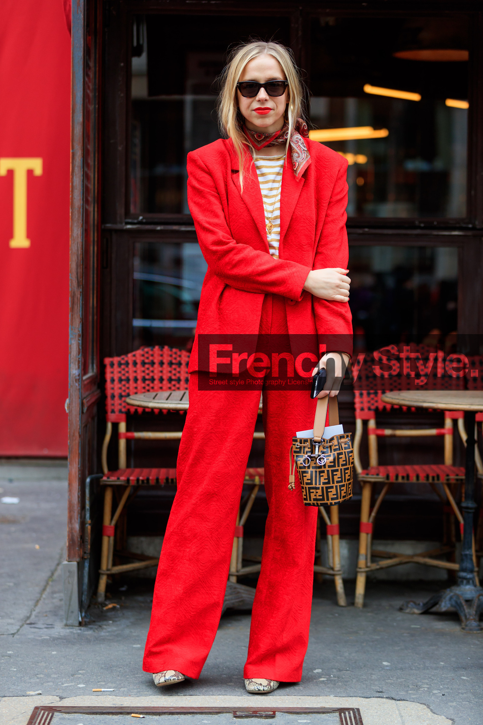 blazer, brown bag, fendi, graphic bag, graphic top, leather bag, monogram, printed bag, printed t shirt, red jacket, red lips, red pants, red scarf, red suit, striped t shirt, sunglasses, trousers, white t shirt, street style, jonathan paciullo, FW, frenchystyle, fashion week, PFW, PARIS, AUTUMN WINTER 2018-2019, FALL WINTER 2018-2019, FW 18-19, vertical, full length, chloe king