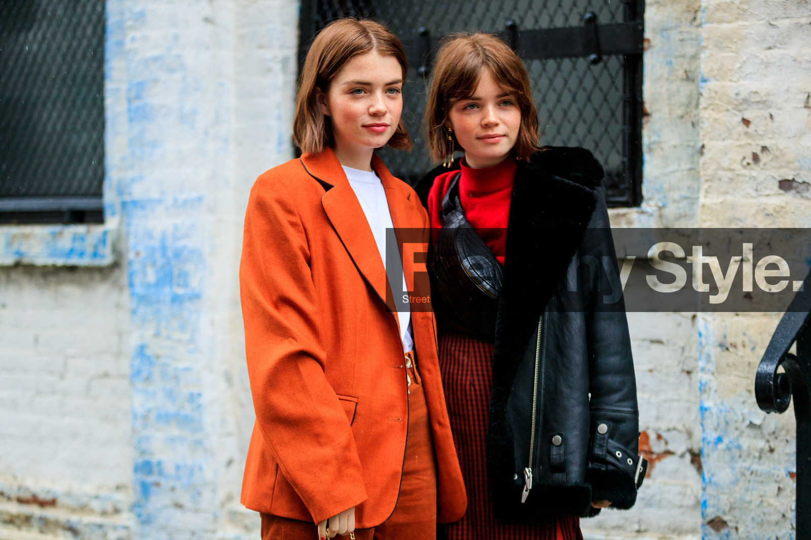 black bag, black jacket, corduroy, crocodile, fanny pack, fur collar, graphic skirt, leather bag, leather jacket, orange jacket, orange pants, printed skirt, red skirt, red sweater, shearling, striped skirt, trousers, white t-shirt, street style, jonathan paciullo, FW, frenchystyle, fashion week, NYFW, NEW YORK, AUTUMN WINTER 2018-2019, AW 18-19, FALL WINTER 2018-2019, FW 18-19, atmosphere details, horizontal, detail, molly and reese blustein