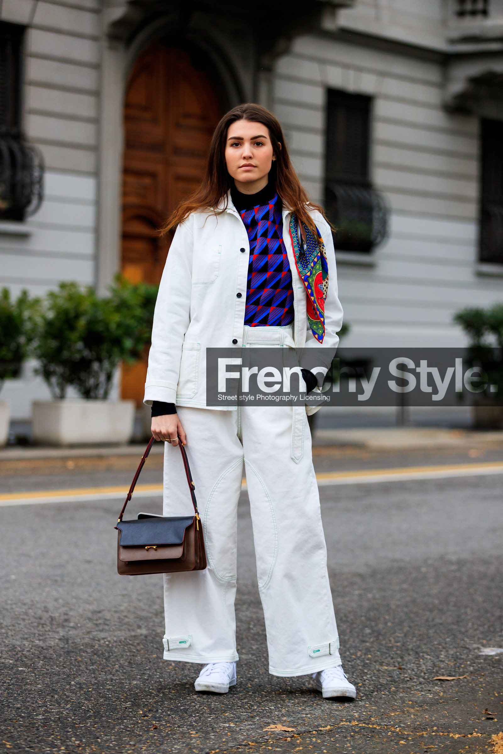 blue sweater, brown bag, denim jacket, denim pants, graphic sweater, jeans, leather bag, leather shoes, printed scarf, printed sweater, trousers, white denim, white sweater, fashion week, frenchystyle, FW, jonathan paciullo, street style, MFW, MILAN, AUTUMN WINTER 2018-2019, FALL WINTER 2018-2019, FW 18-19, vertical, full length