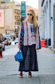 Annabel Rosendahl, blue bag, blue dress, bordeaux, burgundy, embroidered sweater, fashion week, frenchystyle, full length, FW, high heels, jonathan paciullo, lace dress, leather bag, leather shoes, loewe, multicolor sweater, NEW YORK, NYFW, patchwork, red shoes, SPRING SUMMER 2018, SS 18, street style, sunglasses, vertical
