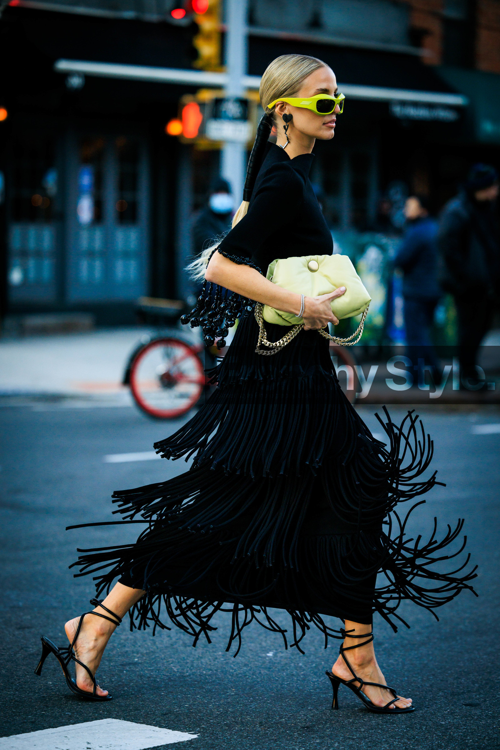 long black ruffles dress, puffy pistachio bag, puffy green pouch, black heeled sandals, green sunglasses, full black look, leonie hanne, fashion week, frenchystyle, FW, jonathan paciullo, street style, NYFW, NEW YORK, AUTUMN WINTER 2022-2023, FALL WINTER 2022_2023, FW 22-23, vertical, full length