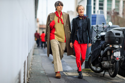 atmosphere details, AUTUMN WINTER 2016-2017, AW 16-17, beige coat, beige pants, beige sweater, black jacket, black loafers, black scarf, black shirt, black shoes, blazer, brown shoes, clogs, FALL WINTER 2016-2017, fashion week, frenchystyle, full length, FW, FW 16-17, horizontal, jonathan paciullo, kaki coat, leather shoes, LFW, LONDON, MENSWEAR, over the shoulder, polka dot, printed scarf, printed sweater, red pants, red scarf, street style, tied up scarf, trousers
