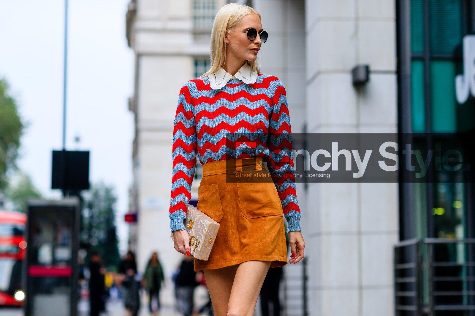 atmosphere details, beige bag, brown skirt, detail, fashion week, frenchystyle, FW, geometric, graphic sweater, high waist, horizontal, jonathan paciullo, leather bag, LFW, LONDON, model, poppy delevingne, printed sweater, SPRING SUMMER 2017, SS 17, street style, stripes, suede skirt, sunglasses, woman