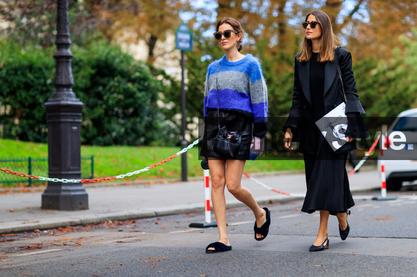 atmosphere details, black bag, black dress, black jacket, black shoes, black skirt, blazer, blue sweater, chanel, céline, earrings, fashion week, frenchystyle, full length, fur shoes, FW, graphic sweater, high heels, horizontal, jonathan paciullo, leather bag, leather shoes, leather skirt, PARIS, PFW, printed sweater, SPRING SUMMER 2018, SS 18, street style, sunglasses, tone on tone, total look black, julia haghjoo, sylvia haghjoo