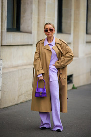 pink sunglasses, purple shirt, purple pants, purple bag, jacquemus bag, beige trench, classic trench, golden loops, fashion week, frenchystyle, FW, jonathan paciullo, street style, PARIS, PFW, SPRING SUMMER 2022, SS 22, full length, vertical
