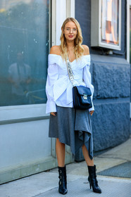 black bag, black shoes, fashion week, frenchystyle, full length, FW, grey skirt, high heels, jonathan paciullo, leather bag, leather shoes, leonie hanne, michael kors, NEW YORK, NYFW, off the shoulder, SPRING SUMMER 2018, SS 18, street style, vertical, white shirt