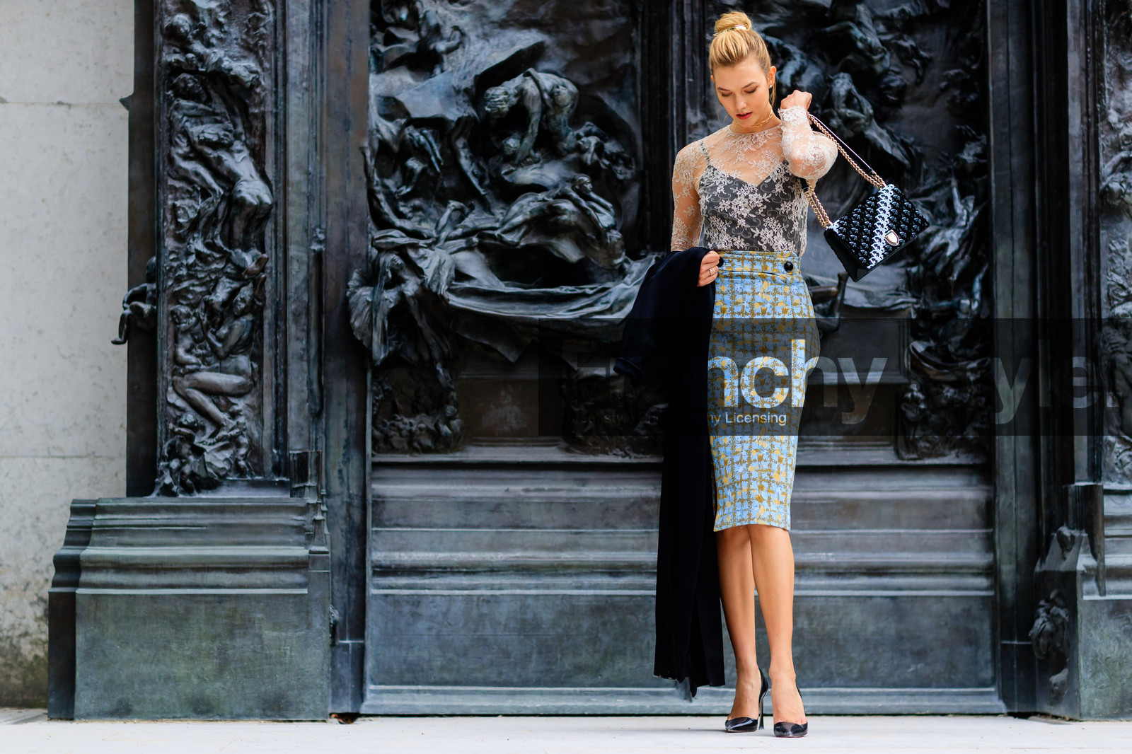atmosphere details, black bag, black coat, black shoes, blue skirt, christian dior, fashion week, frenchystyle, full length, FW, high heels, horizontal, jonathan paciullo, karlie kloss, lace top, leather bag, leather shoes, model, PARIS, PFW, printed skirt, SPRING SUMMER 2017, SS 17, street style