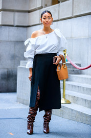 black skirt, brown bag, brown boots, fashion week, frenchystyle, full length, FW, high boots, high heels, jonathan paciullo, leather bag, leather shoes, NEW YORK, NYFW, rachael wang, SPRING SUMMER 2018, SS 18, street style, vertical, white shirt