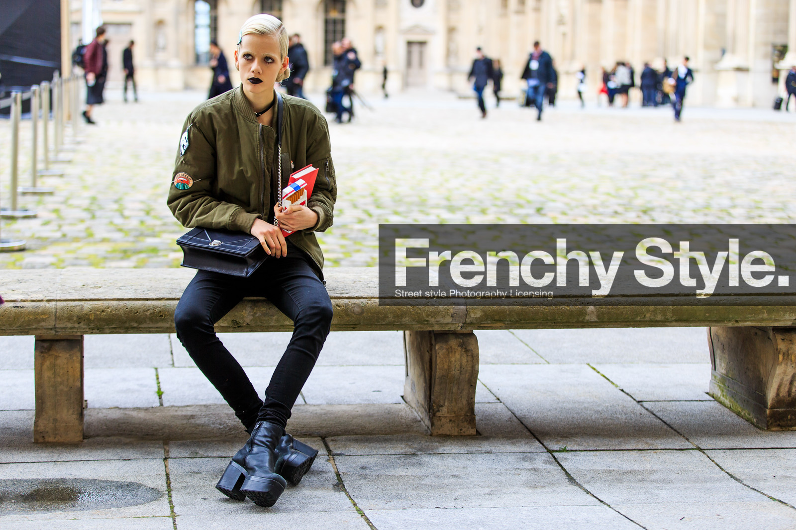 atmosphere details, AUTUMN WINTER 2016-2017, AW 16-17, black bag, black boots, black denim, black lips, bomber jacket, choker, christian dior, denim pants, embroidered jacket, FALL WINTER 2016-2017, fashion week, frenchystyle, full length, FW, FW 16-17, green jacket, high heels, horizontal, iphone, jeans, jonathan paciullo, kaki jacket, leather bag, leather boots, marjan jonkman, model, necklace, PARIS, PFW, street style, trousers