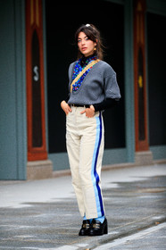 louise follain, grey pullover, low necked pullover, blue blouse, blue shirt, ruffle blouse, ruffle shirt, floral printed blouse, floral printed shirt, white pants, short sleeves pullover, striped pants, light blue pants, light blue socks, black leather loafers, corduroy pants, velvet pants, louis vuitton blouse, louis vuitton shirt, louis vuitton pants, louis vuitton shoes, PARIS, PFW, fashion week, frenchystyle, FW, jonathan paciullo, street style, SPRING SUMMER 2021, SS 21, vertical, full length
