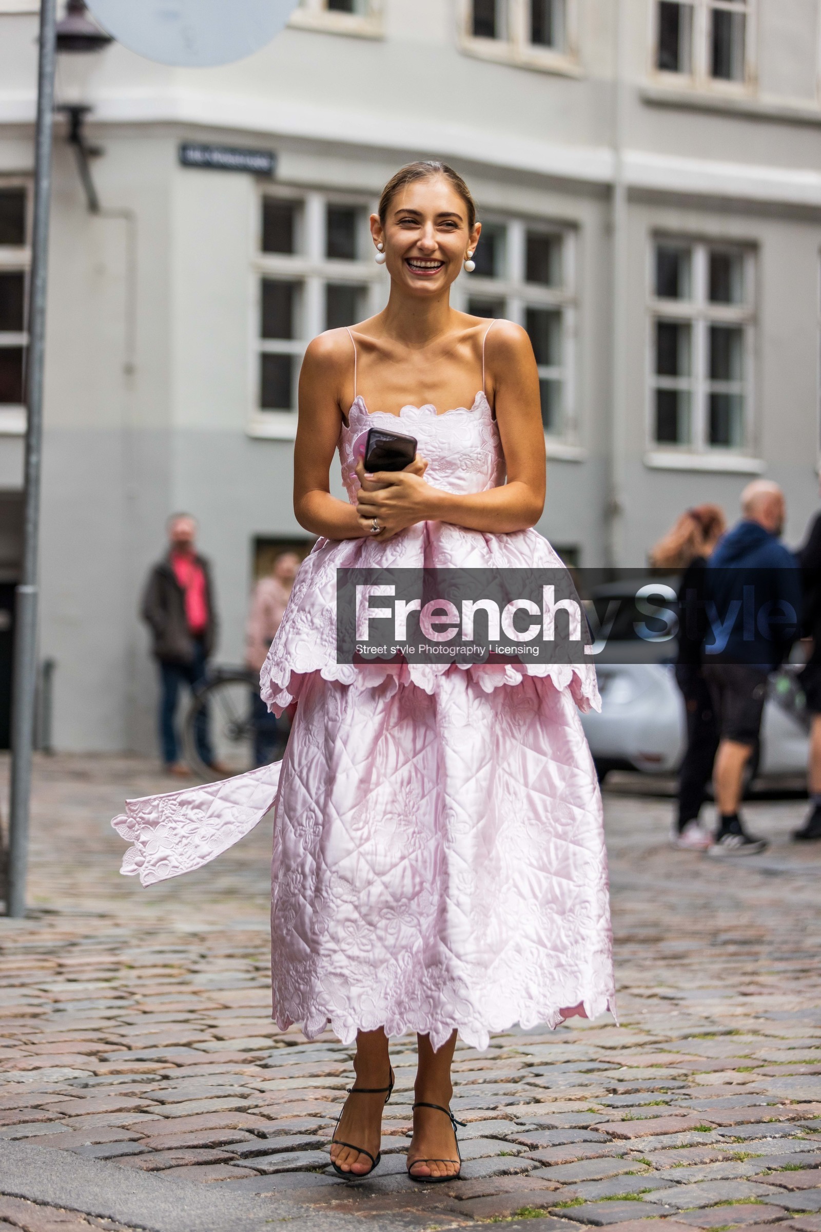 Jenny M Walton, light pink dress, pink dress, ruffle dress, sleeveless dress, long dress, embroidered dress, quilted dress, fashion week, frenchystyle, FW, jonathan paciullo, street style, SPRING SUMMER 2022, SS 22, COPENHAGEN, CPHFW, vertical, full length