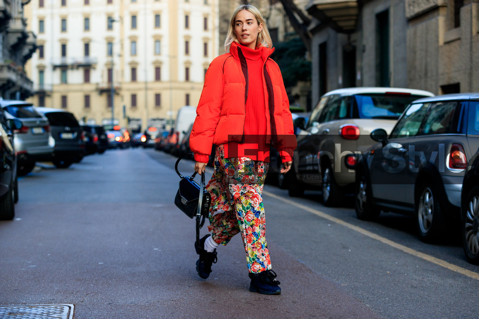 atmosphere details, AUTUMN WINTER 2017-2018, AW 17-18, black bag, black shoes, black sneakers, down jacket, FALL WINTER 2017-2018, fashion week, floral, flower, frenchystyle, full length, FW, FW 17-18, horizontal, jonathan paciullo, leather bag, leather shoes, MFW, MILAN, printed pants, red jacket, street style, trousers