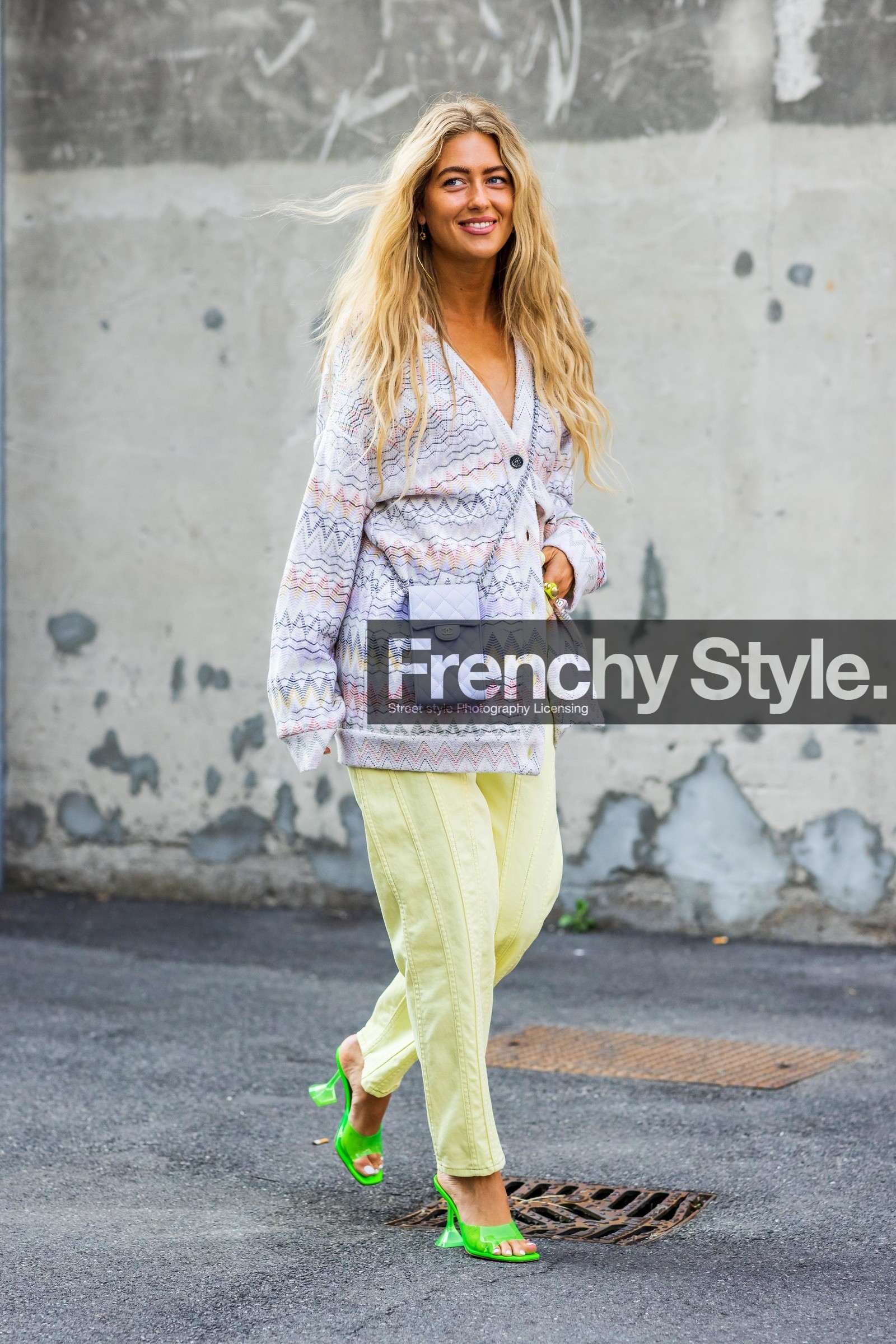 chanel bag, denim, Emili Sindlev, fluo green, green shoes, lila bag, lila cardigan, missoni knit, mules, oversize pants, pastel, printed cardigan, quilted bag, yellow pants, fashion week, frenchystyle, FW, jonathan paciullo, street style, MFW, MILAN, SPRING SUMMER 2022, SS 22, vertical, full length