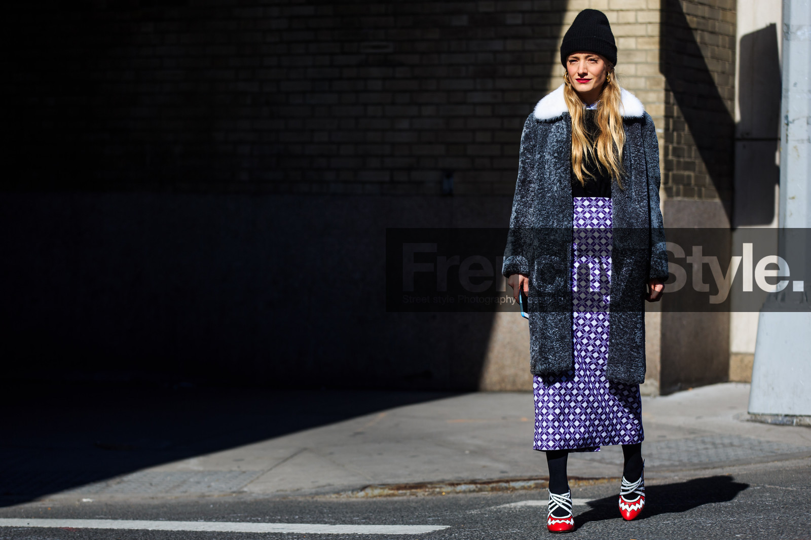 atmosphere details, AUTUMN WINTER 2016-2017, AW 16-17, black beanie, checked skirt, fashion week, frenchystyle, full length, fur coat, fur collar, FW, FW 16-17, graphic skirt, grey coat, grey fur, high heels, horizontal, jonathan paciullo, kate davidson hudson, kate foley, long hair, NEW YORK, NYFW, printed skirt, purple skirt, red shoes, street style, white fur, woman