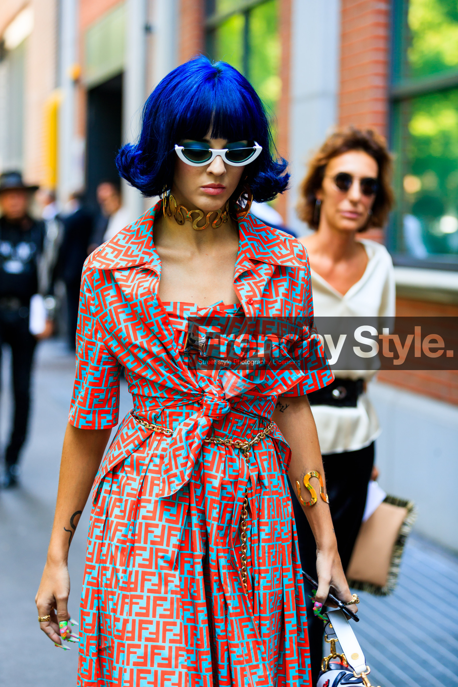 blue hair, choker, dyed hair, fendi, graphic dress, monogram, necklace, printed dress, red dress, sita abellan, sunglasses, street style, jonathan paciullo, FW, frenchystyle, fashion week, MFW, MILAN, SPRING SUMMER 2019, SS 19, vertical, atmosphere details, detail