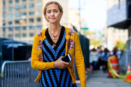 atmosphere details, blue dress, detail, embroidered dress, embroidered sweater, fashion week, frenchystyle, FW, glitter, graphic dress, horizontal, iphone, jonathan paciullo, knit dress, necklace, NEW YORK, NYFW, sequined, shiny sweater, SPRING SUMMER 2018, SS 18, street style, yellow sweater