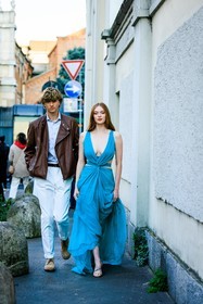 blue long dress, cut out blazer, leather jacket, brown jacket, light blue shirt, white straight pants, suede shoes, purple silver sandals, sparkling sandals, larsen thompson, street style, jonathan paciullo, FW, frenchystyle, fashion week, MFW, MILAN, FALL WINTER 2022_2023, AUTUMN WINTER 2022-2023, FW 22-23, vertical, full length