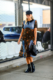 black bag, black boots, black cap, black shoes, brown dress, danielle bernstein, earrings, fashion week, frenchystyle, full length, FW, graphic dress, jonathan paciullo, leather bag, leather shoes, NEW YORK, NYFW, printed dress, SPRING SUMMER 2018, SS 18, street style, sunglasses, vertical